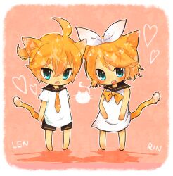  1boy ahoge animal_ears animal_tail aqua_eyes blonde_hair bow bow_tie bowtie boy boy_and_girl cat_ears cat_tail female female girl hairbow heart highres kagamine_len kagamine_rin kemonomimi_mode male mami_(candy_sweet) necktie nekomimi_mode nightgown oerba_yun_fang open_mouth sailor_collar shirt short_hair shorts t-shirt tail vocaloid white_shirt 