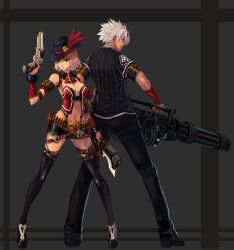  absurdres belt blonde_hair dfo dungeon_and_fighter dungeon_fighter_online feathers feathers female_gunner female_gunner_(dungeon_and_fighter) gatling_gun gloves gun gunner gunner_(dungeon_and_fighter) hat highres holster pants qbspdl ranger revolver short_hair shorts weapon white_hair 