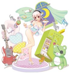  babydoll blush breasts cleavage feline female guitar headphones heart heart_panties heart_print high_heels highres instrument large_breasts long_hair nitroplus official_art open_mouth panties photoshop_(medium) pink_hair print_panties red_eyes shoe_dangle shoes solo super_sonico too_many too_many_cats tsuji_santa underwear window 