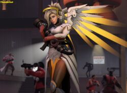  2016 3d_(artwork) armor blizzard_(disambiguation) blizzard_entertainment blue_eyes bodysuit breasts clothing crossover digital_media_(artwork) female generalthunderbat gloves hair handwear human looking_at_viewer mammal medic_(team_fortress_2) mercy not_furry overwatch pinup pose skinsuit smile source_filmmaker_(artwork) suit team_fortress_2 tight_clothing valve weapon wings 