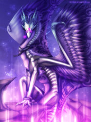  ambiguous_gender broken_chain chains claws collar detailed_background dragon feathered_dragon feathered_scalie feathered_wings feathers feral flight_rising hair hi_res looking_at_viewer mythological_creature mythological_scalie mythology neytirix nude purple_body purple_feathers purple_hair scalie skydancer_dragon solo video_in_description wings 