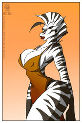  80s_hair anthro big_breasts border breasts clothed clothing conditional_dnp curvy_figure dress equid equine female friday_(jollyjack) huge_breasts jollyjack mammal simple_background solo stripes white_border wide_hips zebra 