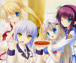  4girls angel_beats! blazer blonde_hair blue_eyes blue_hair company_connection crossover eyepatch finger_to_mouth hat highres hinoue_itaru hug key key_(company) kud_wafter little_busters! long_hair maabou_doufu mapo_doufu multiple_girls na-ga nakatsu_shizuru noumi_kudryavka one_eye_closed rewrite school_uniform serafuku spoon tachibana_kanade tenshi_(angel_beats!) twintails wink yellow_eyes yuri_(angel_beats!) 