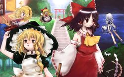  4girls alice_margatroid blonde_hair hakurei_reimu hat izayoi_sakuya kirisame_marisa multiple_girls myau shanghai_doll signature stairs torii touhou witch_hat 