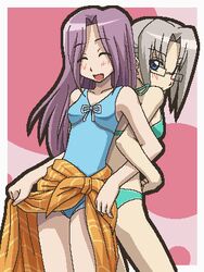  2girls awa bad_link bikini blue_eyes closed_eyes glasses green_bikini harukaze_chiharu hayate_no_gotoku! jaggy_lines kasumi_aika lowres multiple_girls oekaki one-piece_swimsuit orange_sarong purple_hair sarong swimsuit 