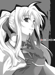  apr closed_mouth commentary_request fate_testarossa fate_testarossa_(impulse_form) female gloves long_hair lyrical_nanoha mahou_shoujo_lyrical_nanoha mahou_shoujo_lyrical_nanoha_strikers monochrome ponytail sidelocks smile solo upper_body very_long_hair 