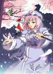  3girls apr bug butterfly cherry_blossoms commentary_request folded_fan folding_fan hakurei_reimu hand_fan hitodama konpaku_youmu konpaku_youmu_(ghost) multiple_girls pink_hair red_eyes saigyouji_yuyuko touhou tree 