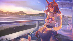  1boy 3girls animal_ears beach belt binoculars black_belt blue_bow blue_eyes blush bow bowtie braid breasts brown_hair city_lights cleavage commentary_request crazy_straw drinking_straw feet_out_of_frame hair_between_eyes hairbow heart_straw highres horizon horse_ears horse_girl horse_tail jewelry large_breasts long_hair looking_at_viewer mountainous_horizon multiple_girls necklace ocean open_mouth outdoors people pink_bow pink_bowtie reihou19 shirt signature solo_focus star_(symbol) star_necklace sunset super_creek_(umamusume) tail tamamo_cross_(umamusume) twitter_username umamusume umbrella water white_shirt 