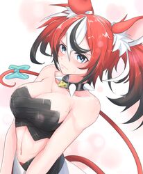  absurdres animal_ears bare_shoulders black_collar black_hair blue_eyes blush bra breasts collar dice_hair_ornament female fingernails hair_ornament hakos_baelz hakos_baelz_(1st_costume) highres hololive hololive_english large_breasts long_hair mouse_ears mouse_girl mouse_tail multicolored_hair navel red_hair solo spiked_collar spikes streaked_hair tail the_raineman twintails underwear virtual_youtuber white_hair 