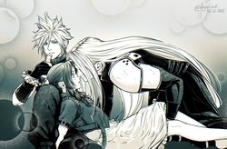  2boys aerith_gainsborough armor baggy_pants between_legs blush bottle cloud_strife cropped_jacket dated derivative_work dress feet_out_of_frame female final_fantasy final_fantasy_vii final_fantasy_vii_remake gloves greyscale hair_between_eyes hair_ribbon hand_between_legs hand_under_dress holding holding_bottle imminent_kiss jacket kay-i kneeling lap_pillow leaning_forward long_bangs long_dress long_hair long_sleeves looking_at_another meme monochrome multiple_boys pants parted_bangs parted_lips reclining ribbon sephiroth short_hair short_sleeves shoulder_armor sidelocks sleeveless sleeveless_turtleneck spiked_hair straight straight_hair turtleneck twitter_username wavy_hair wide-eyed 