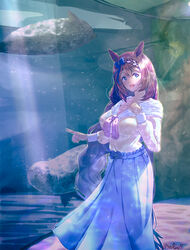  animal_ears aquarium blue_bow blue_eyes blush bow bowtie braid breasts brown_hair cleavage commentary_request female hair_between_eyes hairbow highres horse_ears horse_girl horse_tail large_breasts long_hair long_skirt looking_at_viewer open_mouth pink_bow pink_bowtie purple_skirt reihou19 seal_(animal) shirt signature skirt smile solo super_creek_(umamusume) tail twitter_username umamusume very_long_hair yellow_shirt 