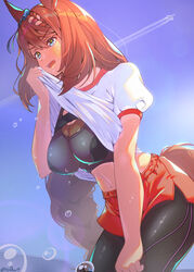  aircraft airplane animal_ears black_leggings black_sports_bra blue_bow blue_eyes blue_sky blush bow braid breasts brown_hair clothes_lift commentary_request contrail cowboy_shot dripping female gym_uniform hair_between_eyes hairbow highres horse_ears horse_girl horse_tail large_breasts leggings lifting_own_clothes long_hair midriff navel open_mouth orange_shorts reihou19 shirt shirt_lift shorts signature sky solo sports_bra super_creek_(umamusume) sweat tail twitter_username umamusume very_long_hair water_drop white_shirt 