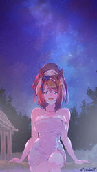  alternate_hairstyle animal_ears blue_bow blush bow breasts brown_hair cleavage commentary_request feet_out_of_frame female hair_between_eyes hairbow highres horse_ears horse_girl large_breasts long_hair looking_at_viewer onsen open_mouth outdoors reihou19 signature sky solo star_(sky) starry_sky super_creek_(umamusume) towel twitter_username umamusume 