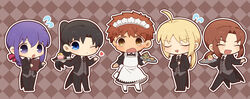  1boy 4girls absurdres ahoge alternate_costume alternate_hairstyle apron artoria_pendragon_(fate) black_dress black_hair black_necktie black_suit blonde_hair blue_eyes brown_hair butler closed_eyes crossdressing dress emiya_shirou enmaided fate/stay_night fate_(series) female_butler formal frilled_apron frills highres holding holding_tray juliet_sleeves long_sleeves low_ponytail maid maid_apron maid_headdress matou_sakura mitsuzuri_ayako multiple_girls necktie one_eye_closed parted_bangs ponytail puffy_sleeves purple_eyes purple_hair saber_(fate) siblings sisters suit tailcoat tohsaka_rin tray tsubuta_hiro tuxedo waist_apron white_apron 