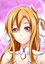  absurdres alternate_hair_color asuna_(sao) asuna_(stacia) blonde_hair braid closed_mouth commentary detached_collar female hair_between_eyes hair_ornament half_up_half_down_braid highres long_hair looking_at_viewer myudon18 photoshop_(medium) portrait red_eyes smile solo sword_art_online sword_art_online:_alicization sword_art_online:_alicization_-_war_of_underworld 