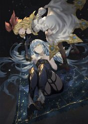  2girls annette_(king&#039;s_raid) armpits astronomy blonde_hair blue_carpet blue_eyes blue_hair boots bow bracelet coat commentary_request floating garter_straps gold_trim hairbow heterochromia highres huge_bow jewelry kara_(king&#039;s_raid) king&#039;s_raid leaning_forward long_hair looking_at_another lying magic_carpet multiple_girls night off_shoulder on_back open_mouth photoshop_(medium) red_bow spongeman9214 thigh_boots thighhighs very_long_hair white_coat yellow_eyes 