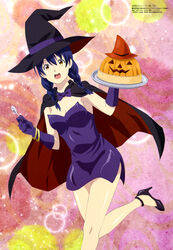  absurdres artist_request black_dress blue_hair cape dress female halloween hat high_heels highres long_hair magazine_scan megami_magazine scan shokugeki_no_souma tadokoro_megumi witch witch_hat yellow_eyes 