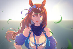  animal_ears blue_bow blue_eyes blue_scarf blue_sleeves bow braid breasts brown_hair cleavage commentary_request detached_sleeves female grass hair_between_eyes hairbow highres horse_ears horse_girl large_breasts long_hair o-ring o-ring_top open_mouth puffy_short_sleeves puffy_sleeves reihou19 scarf short_sleeves signature solo super_creek_(umamusume) twitter_username umamusume upper_body very_long_hair 