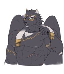  1boy animal_ears asutarou bara facial_hair feathered_wings furry furry_male green_eyes jaguar_boy jaguar_ears large_pectorals male_focus muscular muscular_male nipples pectorals short_hair simple_background solo tezcatlipoca_(housamo) thick_eyebrows tokyo_afterschool_summoners topless_male upper_body wings 