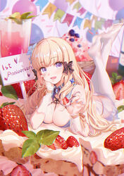  absurdres anniversary bare_shoulders blonde_hair blue_eyes blunt_bangs bow breasts cake cleavage cream dress elf feet feet_up female flower food fruit hair_flower hair_ornament hairbow head_rest hei_yan-m82a1 highres holding holding_spoon incoming_food long_hair looking_at_viewer lying no_shoes oerba_yun_fang on_food on_stomach open_mouth pointy_ears princess_connect! saren_(princess_connect!) skirt smile soles solo spoon strawberry the_pose white_legwear 