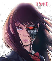  brown_eyes brown_hair commentary_request cyborg damaged female glowing glowing_eye highres looking_at_viewer machinery mechanical_parts original red_eyes robot school_uniform solo t-800 terminator_(series) the_terminator to-ru 