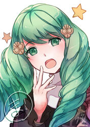  artist_name commentary_request drill_hair female fire_emblem fire_emblem:_three_houses flayn_(fire_emblem) green_eyes green_hair hair_ornament hairclip highres long_hair open_mouth portrait solo star_(symbol) tarayuki white_background 