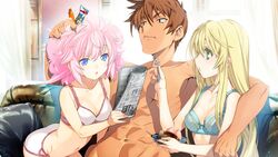  1boy 2girls :o arm_around_neck bangs blonde_hair blue_bra blue_eyes bra breasts brown_eyes brown_hair cleavage closed_mouth collarbone couch eating fork game_cg green_eyes hair_between_eyes hand_on_another&#039;s_head holding holding_fork indoors long_hair medium_breasts multiple_girls navel orion_(orionproject) panties pink_hair rance rance_10 sheila_helman short_hair sill_plain sitting straight_hair underwear underwear_only very_long_hair white_bra white_panties 