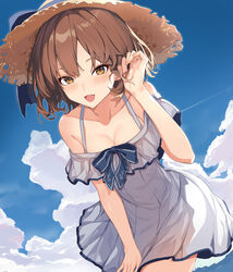  anchor_symbol blush breasts brown_eyes brown_hair cloud cloudy_sky collarbone cowboy_shot day dress female hat highres ikazuchi_(kancolle) kantai_collection open_mouth outdoors oweee revision short_hair sky sleeveless sleeveless_dress small_breasts smile solo straw_hat sun_hat white_dress 