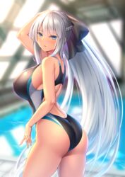  ass back blue_eyes blurry blurry_background bow braid breasts commentary_request competition_swimsuit cowboy_shot crown_braid fate/grand_order fate_(series) female from_side hairbow highres large_breasts long_hair looking_at_viewer morgan_le_fay_(fate) one-piece_swimsuit parted_lips ponytail pool poolside rei_no_pool sidelocks solo swimsuit thighs very_long_hair white_hair yuunagi_(0217) 