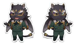  1boy alternate_costume animal_ears asutarou chibi crossed_legs facial_hair feathered_wings floating_hair full_body furry furry_male green_eyes jaguar_boy jaguar_ears jaguar_tail male_focus multiple_views one_eye_covered short_hair simple_background tail tezcatlipoca_(housamo) thick_eyebrows tokyo_afterschool_summoners wings 