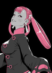  absurdres black_background blush breasts commentary_request earrings female from_side grin hair_rings half-closed_eyes highres jewelry large_breasts long_hair long_sleeves looking_at_viewer monochrome parted_lips pink_eyes pink_hair pokemon pokemon_masters_ex punk_girl_(pokemon) sharp_teeth shirt simple_background sleeves_past_wrists smile solo standing teeth turiganesou800 upper_body 