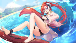  :d altheavin barefoot bikini black_bikini blue_eyes blurry blurry_background bracelet cameltoe female floating_hair glasses hair_between_eyes highres jacket jewelry labyrista_(princess_connect!) lens_flare long_hair long_sleeves multi-strapped_bikini ocean open_mouth ponytail princess_connect! red_hair semi-rimless_eyewear smile solo summer surfboard swimsuit thigh_strap under-rim_eyewear very_long_hair 