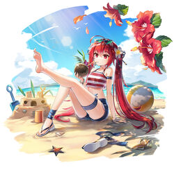  ahoge arm_strap arm_support ass ball bare_legs bare_shoulders barefoot beach beachball blue_shorts bright_pupils closers coconut crop_top crop_top_overhang denim denim_shorts drinking drinking_straw exposed_pocket eyewear_on_head feet female flip-flops flower fruit_cup hair_flower hair_ornament halterneck heart heart-shaped_eyewear hibiscus highres holding knees_up leg_ribbon leg_up legs long_hair looking_down midriff nail_polish non-web_source official_art outdoors red_eyes red_hair red_shirt ribbon sand_castle sand_sculpture sandals seth_(closers) shirt short_shorts shorts single_sandal sitting sleeveless sleeveless_shirt solo spaghetti_strap stomach striped_clothes striped_shirt sunglasses thighs toenail_polish toenails toes twintails very_long_hair 