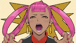  absurdres blush commentary_request dark-skinned_female dark_skin earrings female hair_rings hair_tie half-closed_eyes hands_up highres jewelry long_hair long_sleeves looking_at_viewer nail_polish open_mouth orange_eyes pink_hair pokemon pokemon_masters_ex portrait punk_girl_(pokemon) purple_nails sharp_teeth solo straight-on teeth tongue turiganesou800 