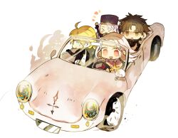  &gt;_&lt; 1boy 3girls ahoge arm_sling artoria_pendragon_(fate) bandages black_hair blonde_hair broken_arm car chibi closed_eyes command_spell commentary_request emiya_kiritsugu family fate/zero fate_(series) father_and_daughter gun_sling hat illyasviel_von_einzbern irisviel_von_einzbern jitome left-hand_drive mother_and_daughter motor_vehicle multiple_girls orbe ponytail red_eyes saber_(fate) vehicle_focus white_hair 