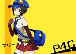  bag bare_shoulders belt black_hair blue_eyes chan_co character_name choker commentary_request copyright_name cowboy_shot elbow_gloves female fingerless_gloves gloves hat highres marie_(persona_4) messenger_bag necktie persona persona_4 persona_4_the_golden plaid plaid_skirt pleated_skirt safety_pin shirt short_hair shoulder_bag skirt sleeveless sleeveless_shirt solo striped_clothes striped_gloves striped_thighhighs thighhighs 