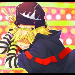  arcobaleno artist_request belphegor_(reborn) blonde_hair cape chibi hair_over_eyes katekyo_hitman_reborn! male_focus mammon_(reborn) multiple_boys shirt striped striped_shirt tiara v 