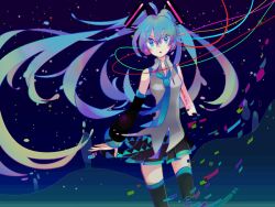  ahoge aqua_eyes aqua_hair bare_shoulders black_thighhighs commentary_request detached_sleeves digital_dissolve dissolving female gradient_hair hako_(swimjelly) hatsune_miku headphones long_hair multicolored_hair necktie partial_commentary skirt solo string thighhighs twintails vocaloid zettai_ryouiki 