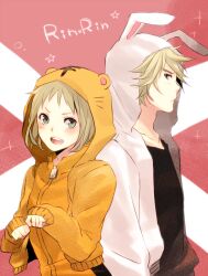  1boy animal_costume animal_print bad_id bad_pixiv_id bodysuit female green_eyes hood hoodie huang_baoling ivan_karelin mmff06 orange_bodysuit rabbit_costume short_hair tiger_&amp;_bunny tiger_costume tiger_print 