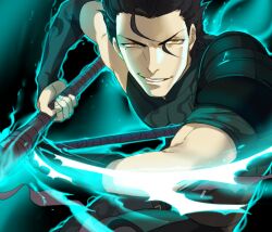  1boy bad_id bad_pixiv_id black_hair diarmuid_ua_duibhne_(lancer)_(fate) dual_wielding fate/zero fate_(series) glowing holding inzup looking_at_viewer male_focus mole mole_under_eye polearm smirk solo spear weapon yellow_eyes 