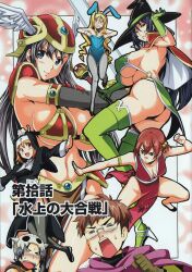  5girls amaya_haruko animal_ears armor ass blood blush breasts bunny_ears bunnysuit chinese_clothes cleavage cosplay helmet highres himegami_kodama huge_breasts kodama_himegami kushiya_inaho large_breasts maken-ki maken-ki! multiple_girls nijou_aki nosebleed nun ooyama_takeru panties shinatsu_azuki takeda_hiromitsu thong underboob underwear usui_kengo witch 