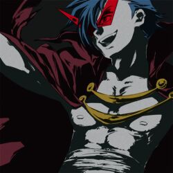  1boy abs akutsu_(yuumi) blue_hair cape kamina lowres male male_focus open_clothes open_mouth open_shirt shirt smile solo spot_color sunglasses tengen_toppa_gurren_lagann 