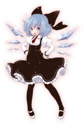  alternate_costume black_pantyhose blue_eyes blue_hair blush bow cirno commentary_request dress fairy female hairbow hands_on_own_hips highres ice ice_wings necktie open_mouth pantyhose photoshop_(medium) pinafore_dress short_hair sleeveless sleeveless_dress solo touhou wings yukiu_con 