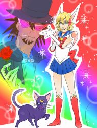  2boys barnaby_brooks_jr. bishoujo_senshi_sailor_moon blonde_hair blue_eyes boots brown_hair chasuke_(kiken) commentary_request cosplay elbow_gloves facial_hair feline glasses gloves hat kaburagi_t._kotetsu luna_(sailor_moon) lunatic_(tiger_&amp;_bunny) magical_girl male_focus multiple_boys name_connection parody sailor_collar sailor_moon sailor_moon_(cosplay) sailor_senshi_uniform short_hair stubble sunglasses tiger_&amp;_bunny top_hat tuxedo_kamen tuxedo_kamen_(cosplay) unofficial_sailor_senshi_uniform 