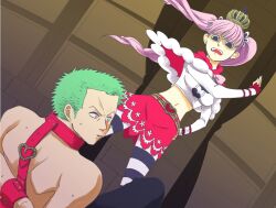  1boy bangs belt bondage bondage bound bow crown dutch_angle female femdom green_hair kuraigana_island midriff mini_crown navel one_piece perona pink_bow pink_hair red_skirt roronoa_zoro shirt short_cape show-nosuke skirt slap slapping striped striped_legwear topless twintails violence white_shirt 