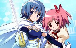  2girls armband blue_eyes blue_hair cape commentary_request gloves hair_ribbon kaname_madoka magical_girl mahou_shoujo_madoka_magica mahou_shoujo_madoka_magica_(anime) miki_sayaka miki_sayaka_(magical_girl) multiple_girls nyoro_(nyoronyoro000) photoshop_(medium) pink_eyes protecting ribbon school_uniform short_hair short_twintails sword twintails weapon 