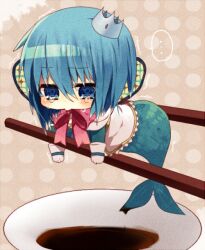  ... bad_id bad_pixiv_id blue_eyes blush chopsticks crown female gloves mahou_shoujo_madoka_magica mahou_shoujo_madoka_magica_(anime) mamezara mermaid miki_sayaka mini_person minigirl monster_girl monsterification nochita_shin oktavia_von_seckendorff plate shirt soy_sauce spoilers tears trembling white_gloves 