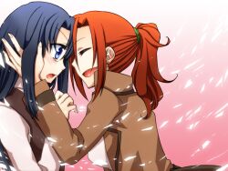  2girls aozaki_touko bad_id bad_pixiv_id black_hair blue_eyes blush closed_eyes kamehima kara_no_kyoukai kokutou_azaka long_hair multiple_girls orange_hair photoshop_(medium) ponytail red_hair tears yuri 