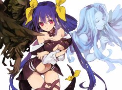  blue_hair breasts cleavage cloak closed_eyes commentary_request detached_sleeves dizzy_(guilty_gear) female guilty_gear guilty_gear_x guilty_gear_xx large_breasts navel necro_(guilty_gear) red_eyes ribbon simple_background soto tail tail_ornament tears twintails undine_(guilty_gear) white_theme wings 