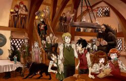  6+boys 6+girls aberforth_dumbledore angry animal artist_request bandages barefoot beard bill_weasley black_hair blonde_hair book bottle brown_eyes brown_hair canine charlie_weasley draco_malfoy dragon everyone facial_hair fleur_delacour food fred_weasley george_weasley ginny_weasley glasses green_eyes gregory_goyle grey_hair grin harry_potter harry_potter_(series) hermione_granger highres indoors long_hair lucius_malfoy luna_lovegood multiple_boys multiple_girls narcissa_malfoy necktie neville_longbottom pansy_parkinson reading red_hair remus_john_lupin ron_weasley rubeus_hagrid scar school_uniform severus_snape short_hair sirius_black skirt smile spectrespecs wizarding_world 